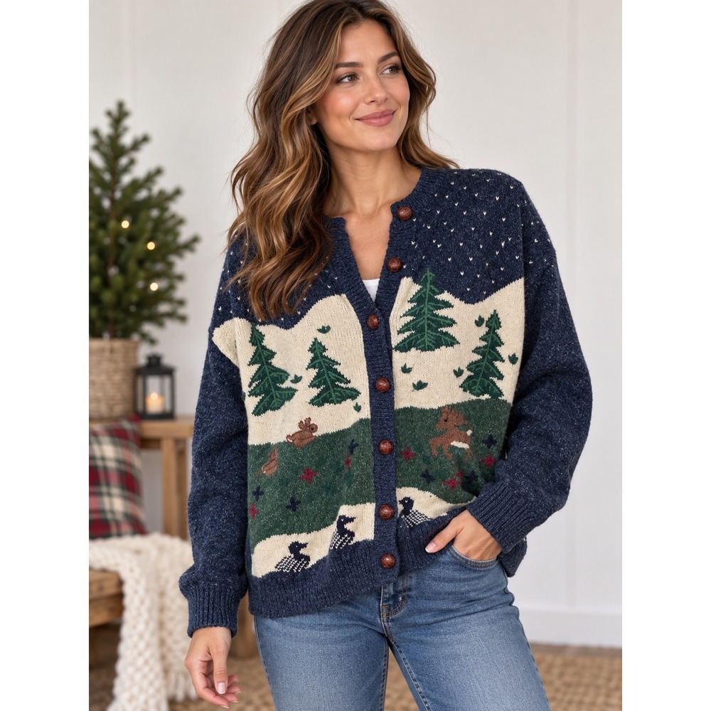 VTG Northern Reflections Scenic Cardigan Sweater Blue Wool Blend Deer Duck M